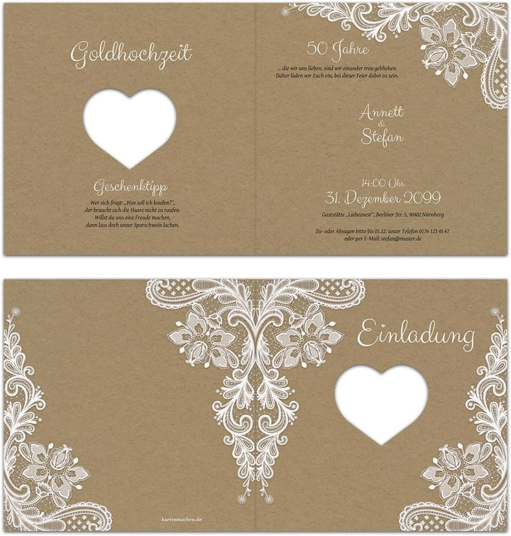 Kartenmachen.de 10 x Lasergeschnittene Hochzeitseinladungen Goldhochzeit goldene Hochzeit Einladung