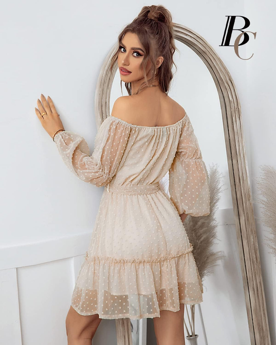 BebreezChic Kleid Damen Elegant Langarm Off Shoulder Einfarbig Swiss Dot Luftig Sommerkleid Miniklei