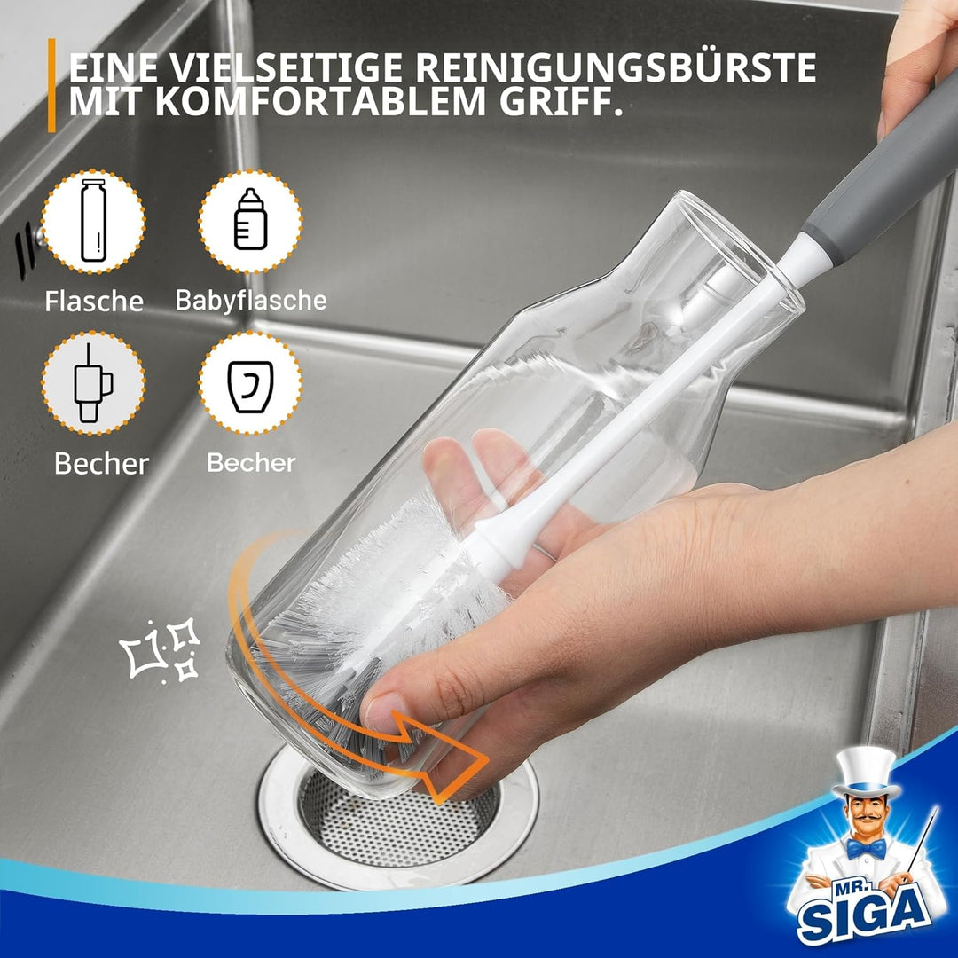 MR.SIGA Flaschenbürste mit langem Griff, Flexible Scheuerbürste für Wasserflaschen, Gläser, Tassen,