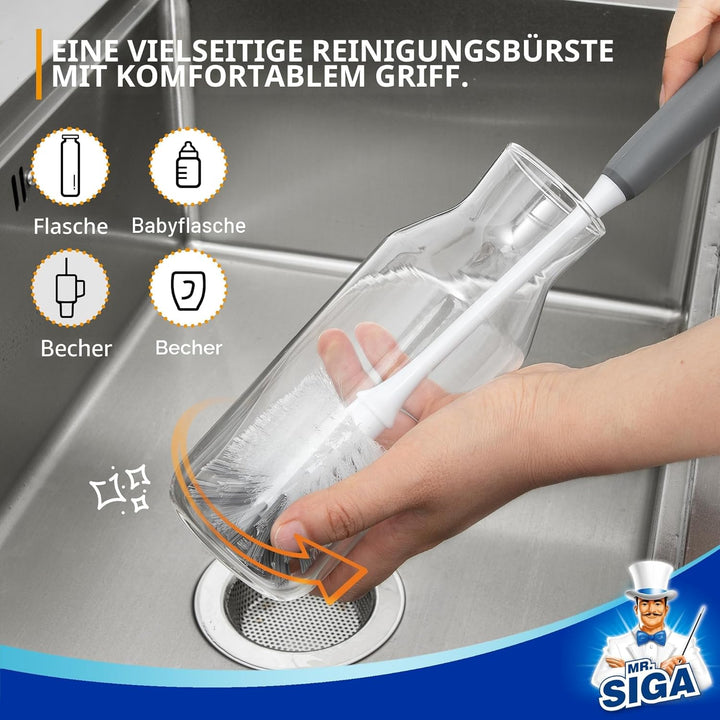 MR.SIGA Flaschenbürste mit langem Griff, Flexible Scheuerbürste für Wasserflaschen, Gläser, Tassen,