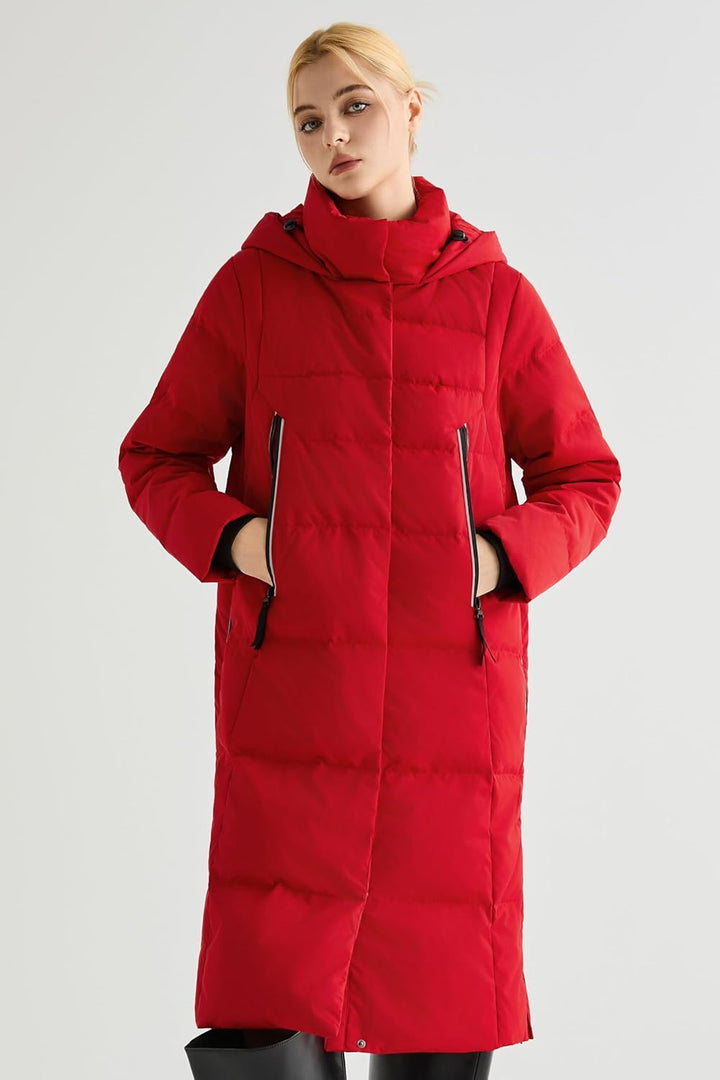 Orolay Damen Verdickte Daunenjacke Langer Wintermantel Mit Kapuze Pufferjacke Rot XL, Rot XL