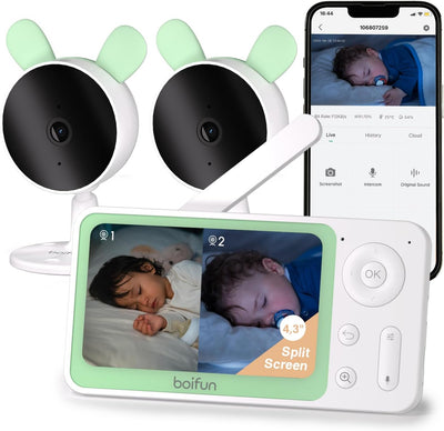 BOIFUN Babyphone mit 2 Kameras App, ECO Modus, Zonenalarme, 1080P HD, 3×Zoom, 4,3 Zoll LCD-Display B
