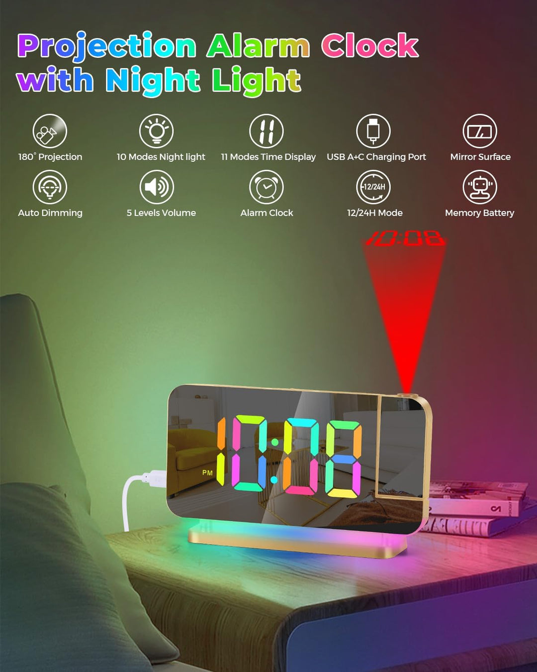 SZELAM Projektion Wecker - LED Spiegel Digitaluhr Grosses Display mit RGB Nachtlicht USB C Ladestati