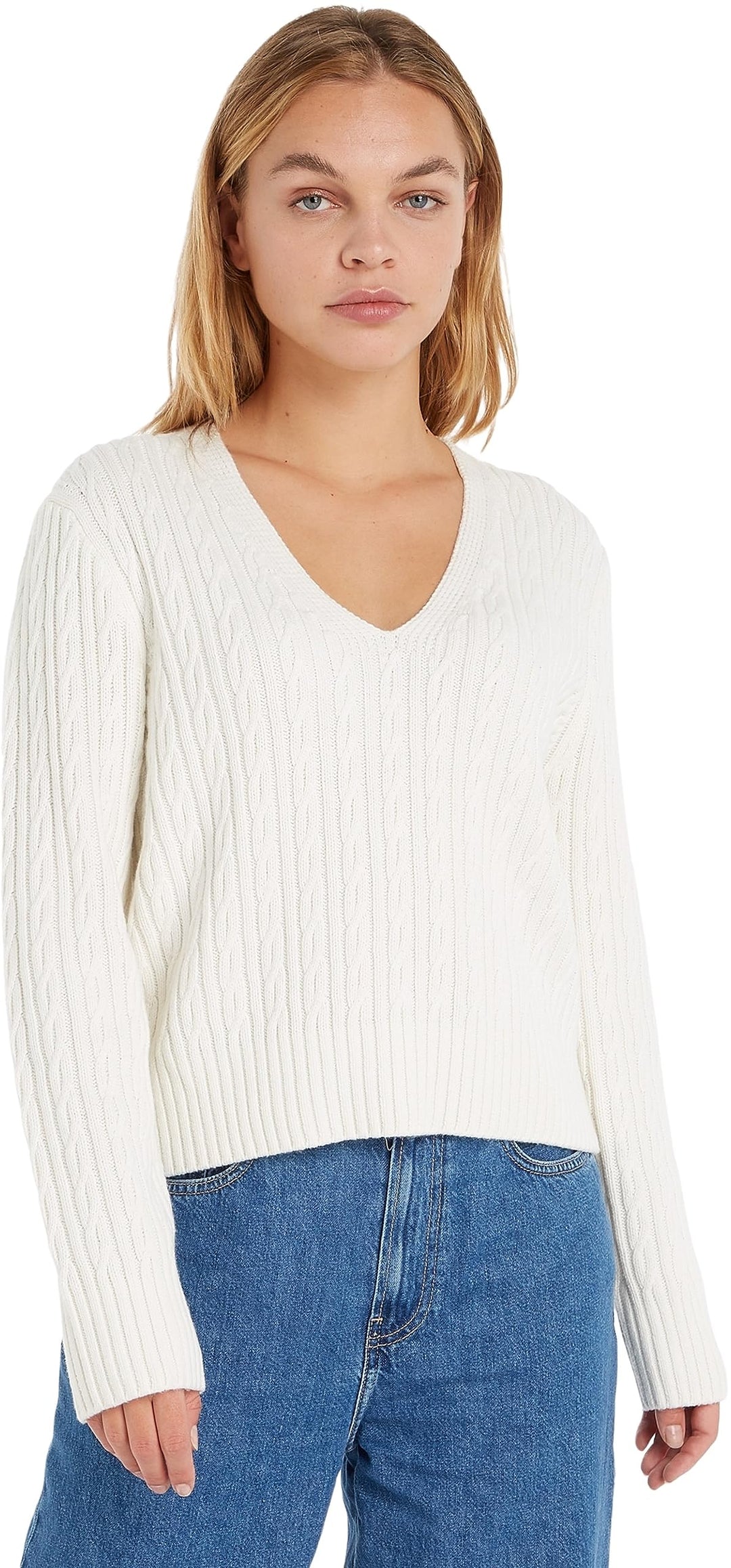 Tommy Hilfiger Damen Pullover, L Weiß (Ecru)