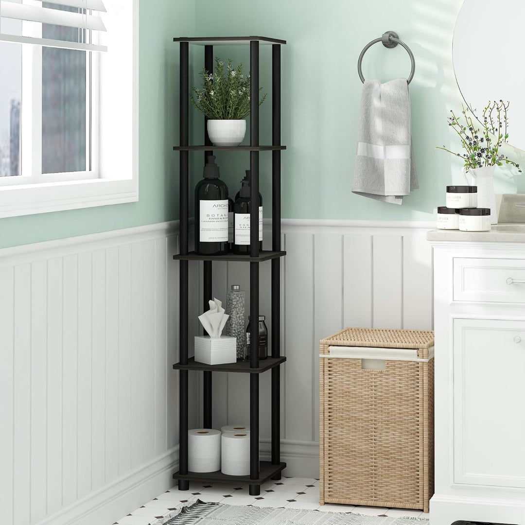 Furinno Viereckiges Regal mit 5 Ebenen, Mehrzweckregal, holz, Espresso/Schwarz, 29.46 x 29.46 x 146.