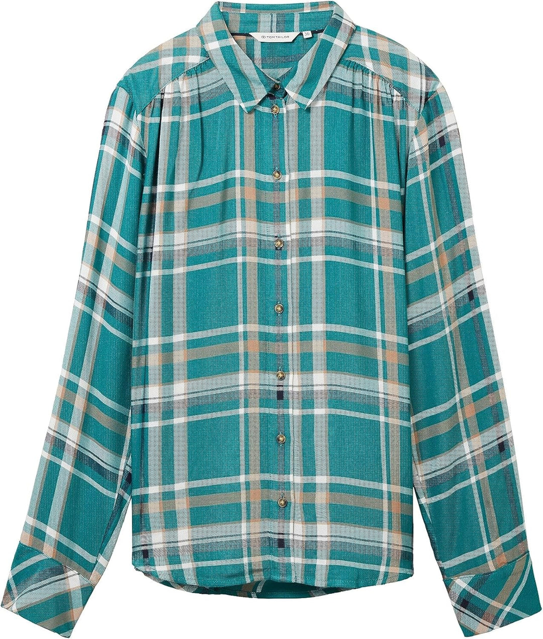 TOM TAILOR Damen Bluse mit Karomuster & Turn-Up Ärmel, 33993 - Teal Beige Check