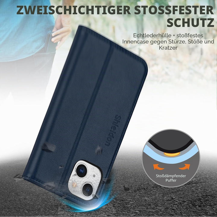 SHIELDON Hülle für iPhone 13, Handyhülle [Rindsleder] [Verdicht TPU] [Kartenfach] [Standfunktion] [M
