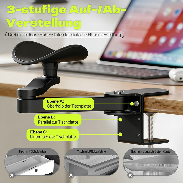 Verstellbare Armauflage für Schreibtisch – Ergonomische Armlehnenstütze &amp; Handgelenkauflage – 360° D