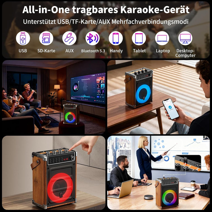 JYX Karaoke Maschine mit 2 UHF-Funkmikrofonen, Bluetooth-Lautsprecher mit Bass-/Höhen-Einstellung un