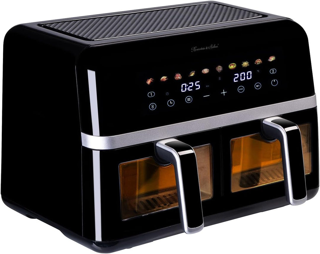 Rosenstein & Söhne Fritteuse: Dual-Heissluftfritteuse, 2 Schubladen mit Sichtfenster, 10 Programme (