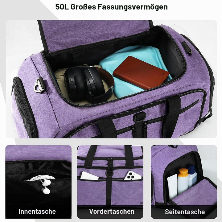 MIER Sporttasche 50L faltbar, Reisetasche mit Schuhfach, Weekender, Lila | Separates belüftetes Schu