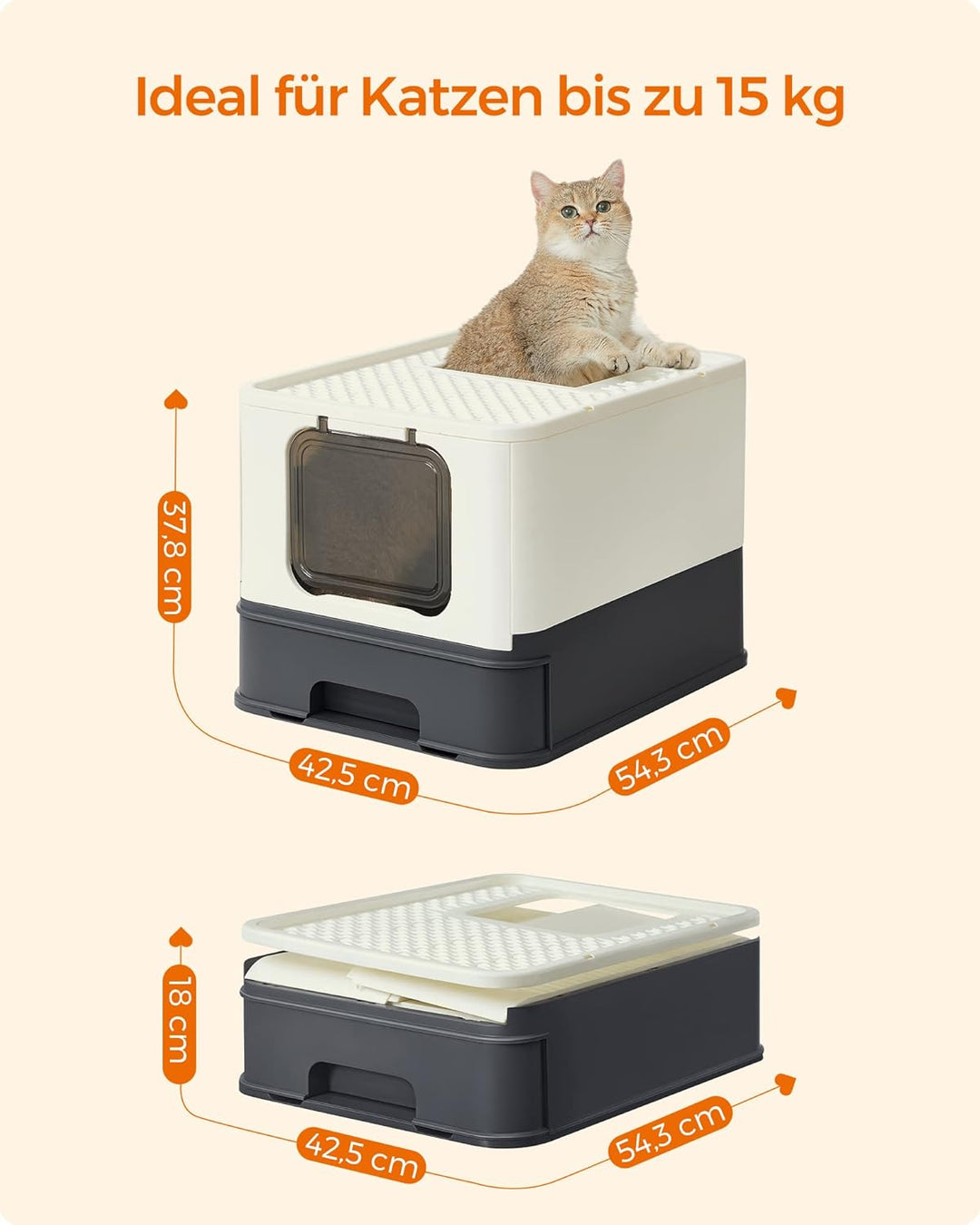 Feandrea Katzenklo, Katzentoilette, mit Deckel, ausziehbares Tablett, Schaufel, Bürste, geräumig für