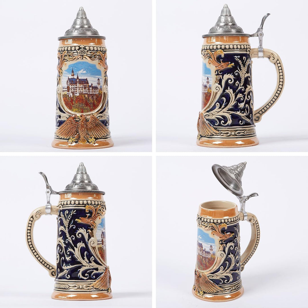 NENBOLEC Bierkrug mit Zinndeckel Bierseidel Steinkrug Gravur Deutsch Schloss Beer Stein 0.7L