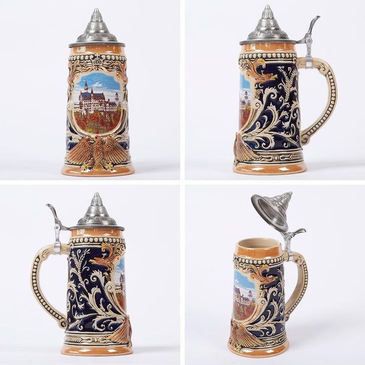 NENBOLEC Bierkrug mit Zinndeckel Bierseidel Steinkrug Gravur Deutsch Schloss Beer Stein 0.7L