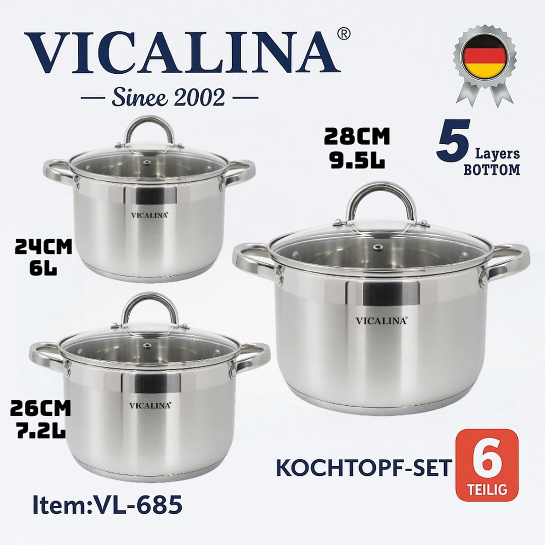 Edelstahl Topfset 6-teilig mit Glasdeckeln – Induktion geeignet – Spülmaschinenfest – Kochgeschirr S