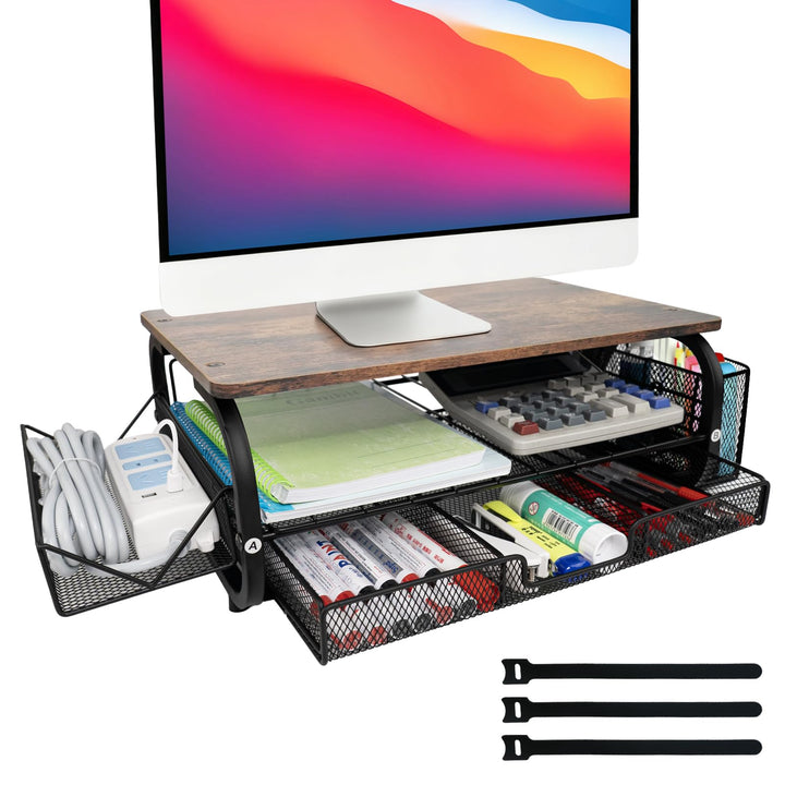 Monitorständer Holz Ergonomischer Monitorständer 30kg/66lbs, extra breite Netzablage + 3 Kabelbinder