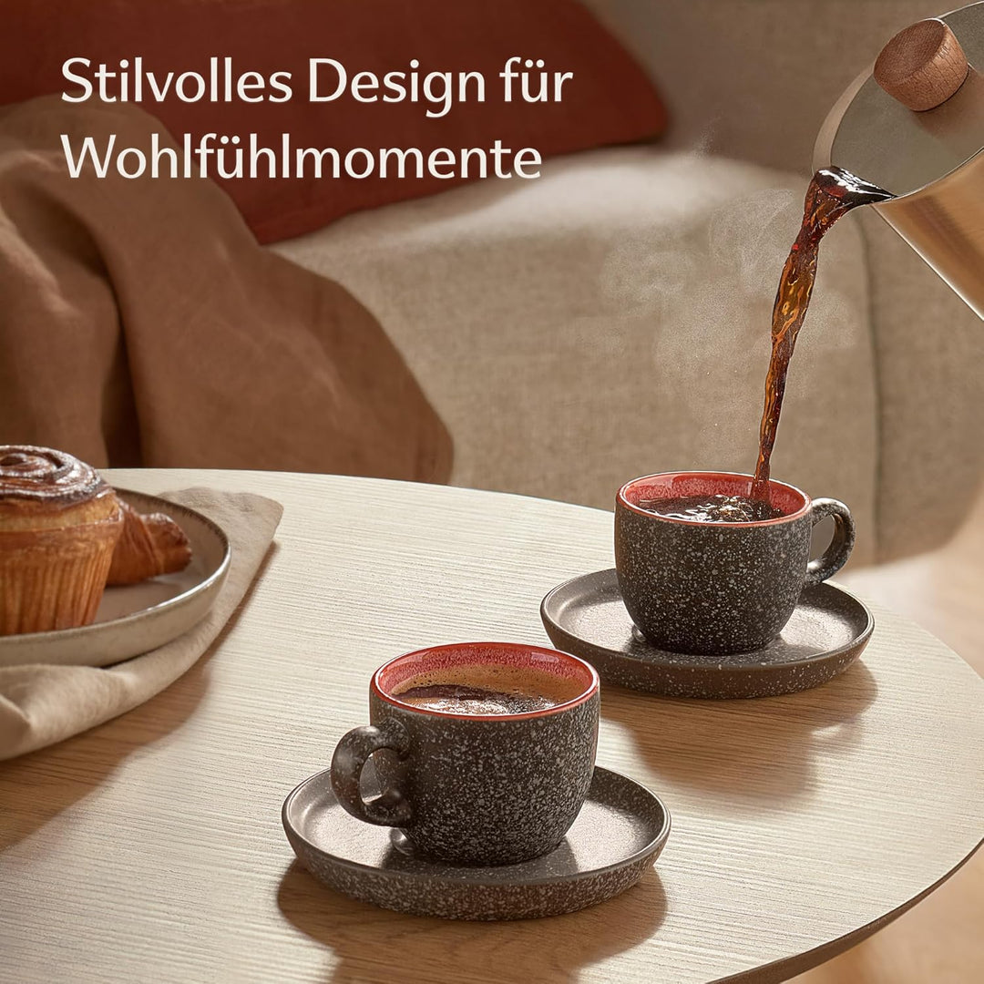 Cosumy Espressotassen mit Untertassen 4er Set - 90 ml Keramik, 𝗗𝗶𝗰𝗸𝘄𝗮𝗻𝗱𝗶𝗴𝗲𝘀 Steingut mit Handgeferti