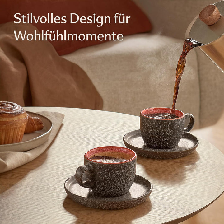 Cosumy Espressotassen mit Untertassen 4er Set - 90 ml Keramik, 𝗗𝗶𝗰𝗸𝘄𝗮𝗻𝗱𝗶𝗴𝗲𝘀 Steingut mit Handgeferti