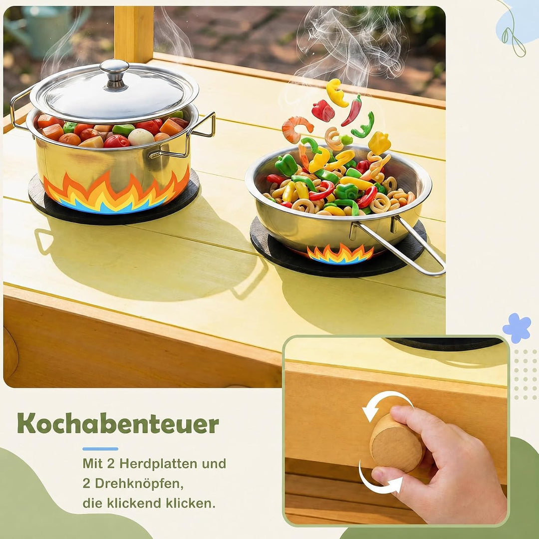 DREAMADE Matschküche Kinder Outdoor, Spielküche mit Herd &amp; Kochzubehör | Kinderküche mit Griff &amp; 2 R