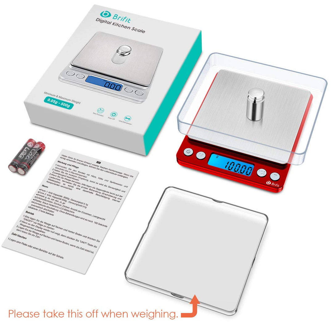 Brifit Taschenwaage 0,01g, Feinwaage 500g/0,01g Digitalwaage, Briefwaage, Grammwaage, mit EIN 100g E