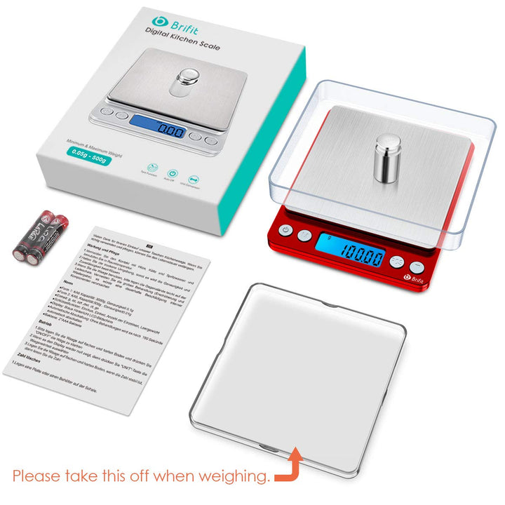 Brifit Taschenwaage 0,01g, Feinwaage 500g/0,01g Digitalwaage, Briefwaage, Grammwaage, mit EIN 100g E