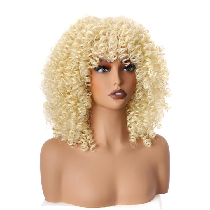 PORSMEER Lockige Afro Perücke Blonde Natürliche Kunsthaar mit Pony für Frauen Schulterlänge Afro Kin
