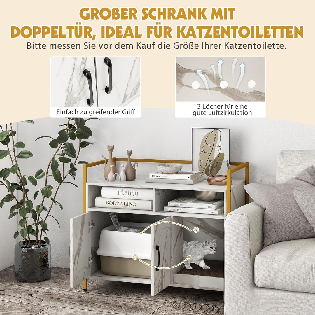 COSTWAY Katzenschrank Katzentoilette mit Doppeltüren &amp; Kratzunterlage, Katzenhaus mit offenem Regal