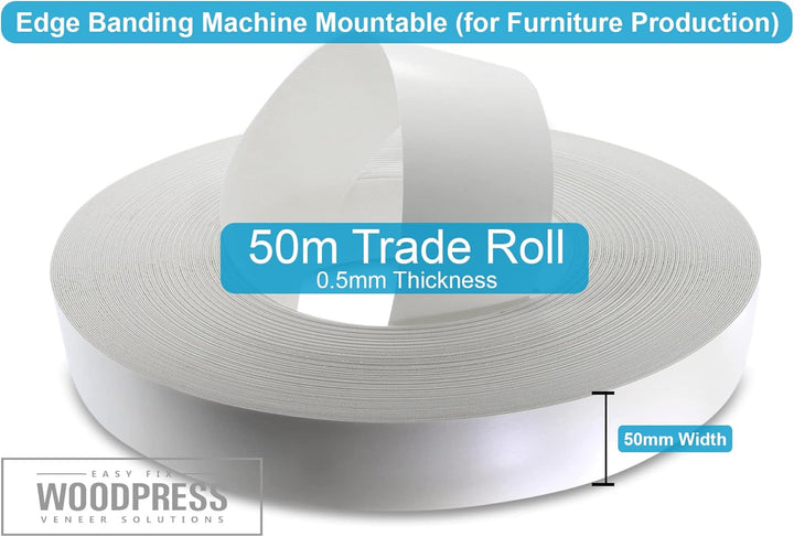 WoodPress® 50mm Mattweisse Melamin Kantenumleimer mit Schmelzkleber – 50m Industrielle Rolle – Einfa