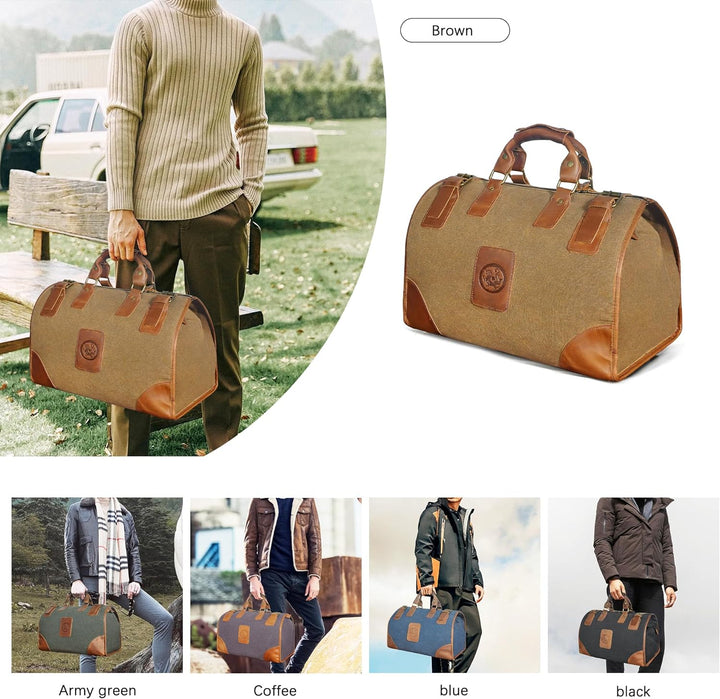 Wasserabweisend Canvas Crazy Horse Leder Reisetasche 35L Trim Unisex Handgepäck Weekender Tasche Spo