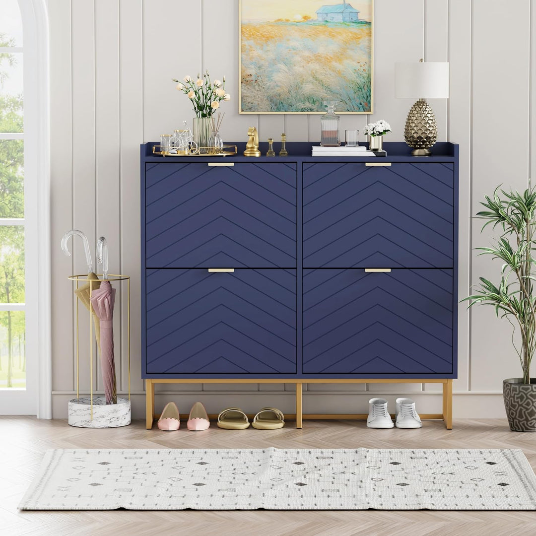 UEV Schuhschrank schmal mit 4 Klappen, 100x24x103,5cm Schuhregal (Blau) | Schuhkommode Geschlossen m