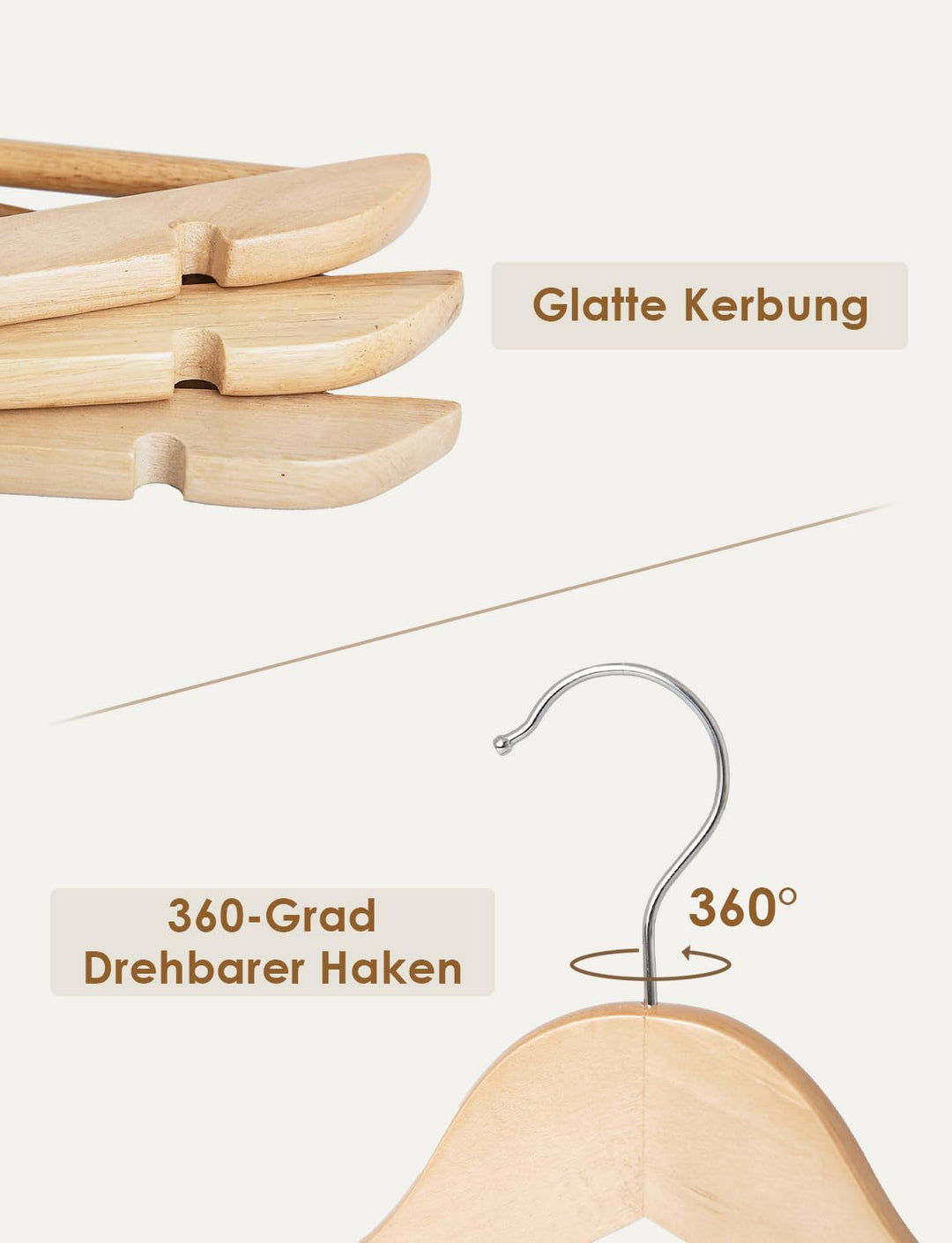 StorageWorks Kleiderbügel Holz, 20er-Pack, glatter Kleiderbügel aus Naturholz und 360° drehbarem Hak