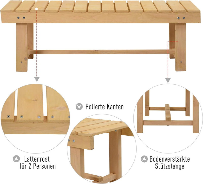 Outsunny Gartenbank, 2-Sitzer Sitzbank, Gartenmöbel, Rustikale Bank, Massivholz, Natur, 110 x 38 x 3