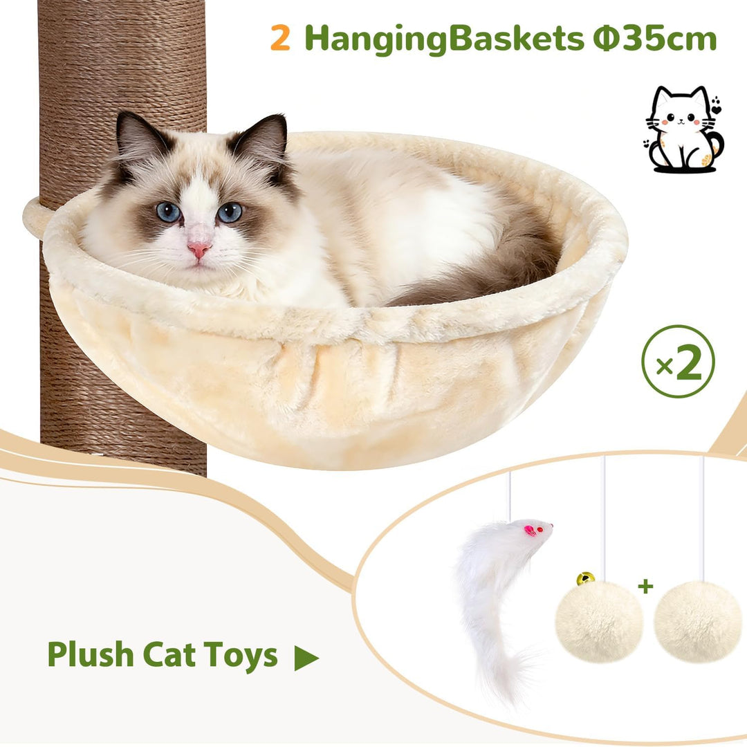Globlazer Beige Kratzbaum Dicke Stämme 11CM für Grosse Katzen mit 2 Extragross Katzenhaus 50*35*30cm
