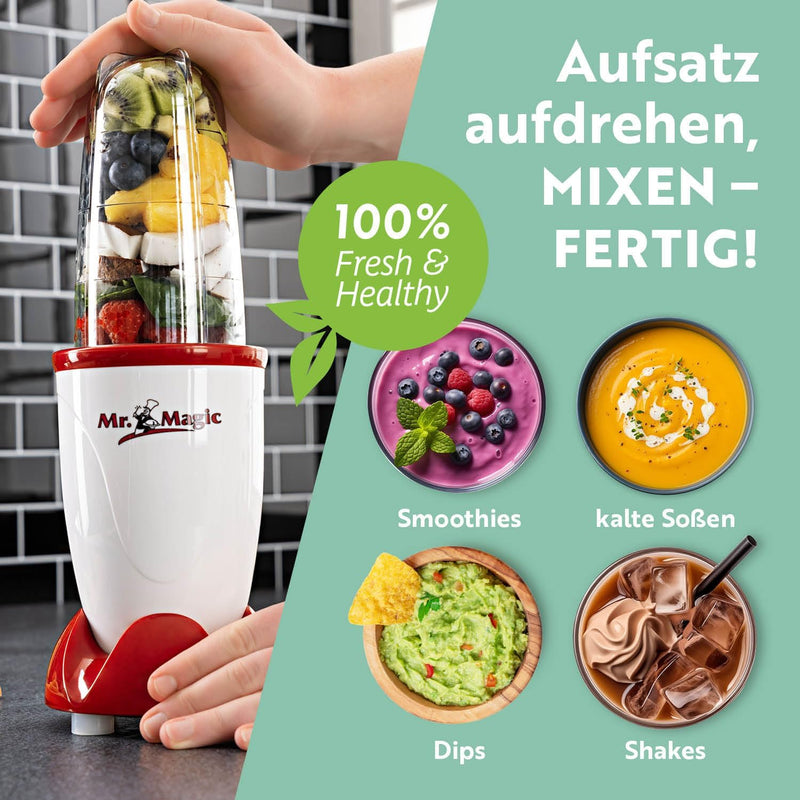 GOURMETmaxx Mr. Magic Smoothie Maker inkl. Frischhaltedeckel | Standmixer mit 8 Funktionen, inkl. To