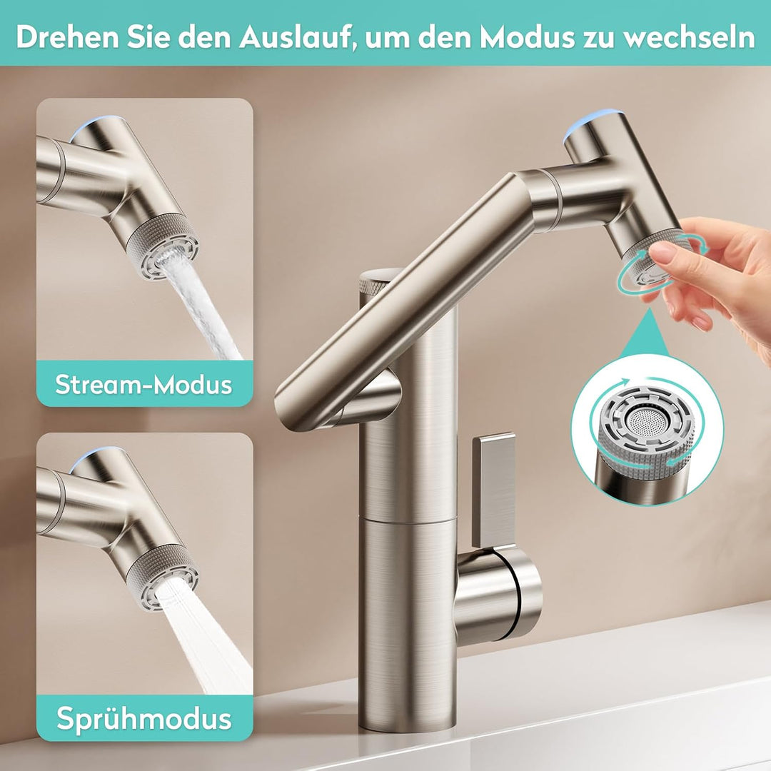 KAIYING 1080° Drehbare Wasserhahn Bad mit Filter &amp; Temperaturanzeige Gebürstetes Nickel LK2915D mit