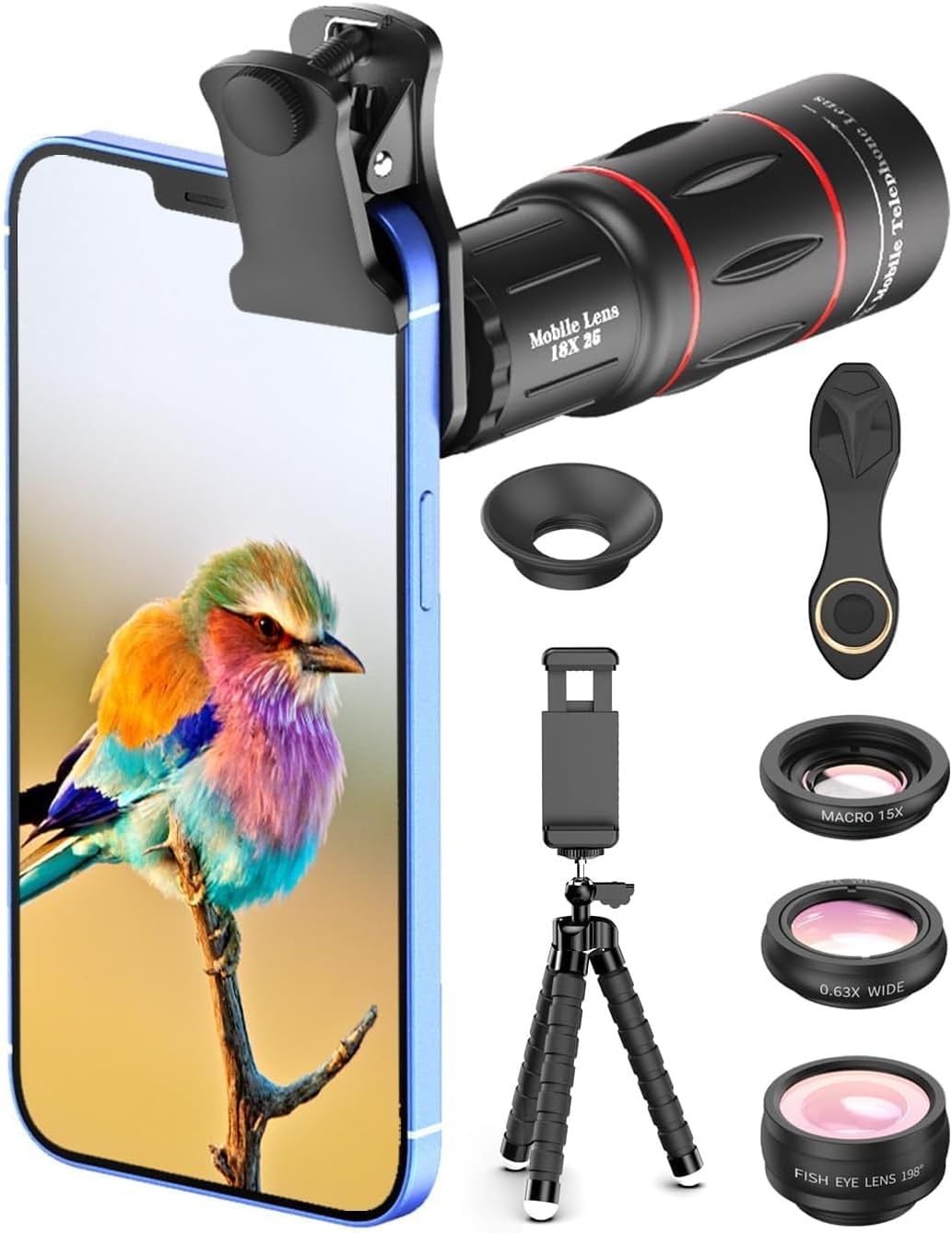 APEXEL Camera Lens Kit 18x Monocular Telescope, 0,63x Weitwinkel, 15x Makroobjektiv, 198 ° Fisheye-O