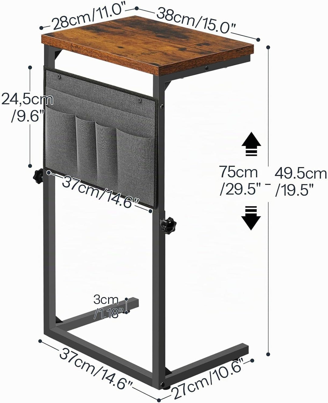 HOOBRO C-Form Beistelltisch, Höhenverstellbar 50–75 cm, Sofatisch, Couchtisch mit 5 Oxford-Stofftasc