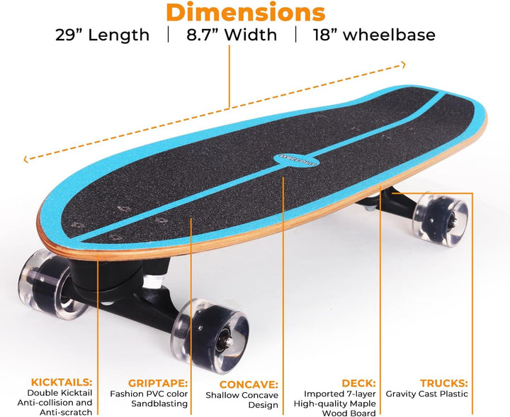 Nattork Complete Skateboards 29" x 8" Kids Skateboard Cruiser Skateboards for Beginners Double Kick