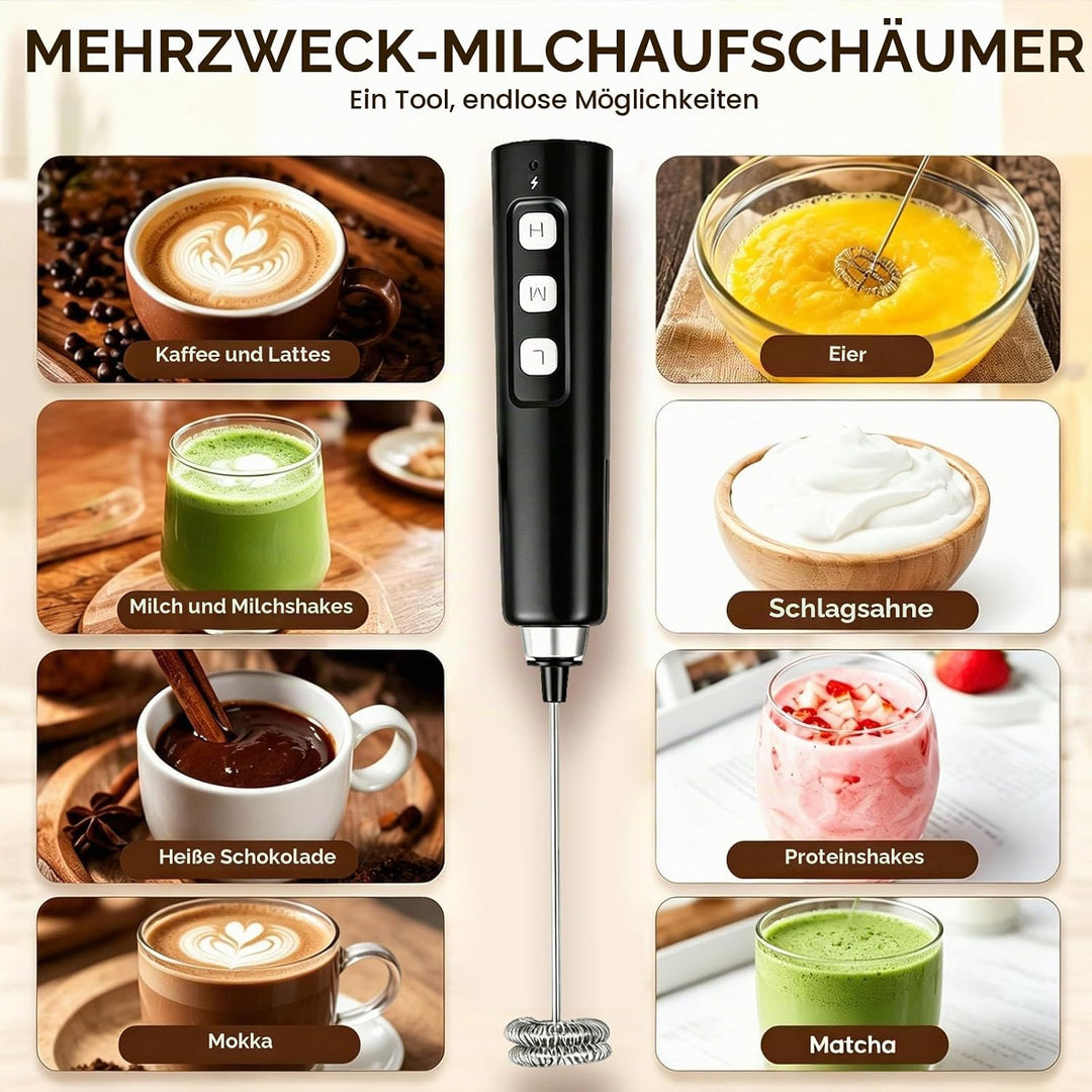 Elektrischer Milchaufschäumer Stab mit Überladeschutz, USB Aufladbar Milchschäumer Elektrisch mit 3