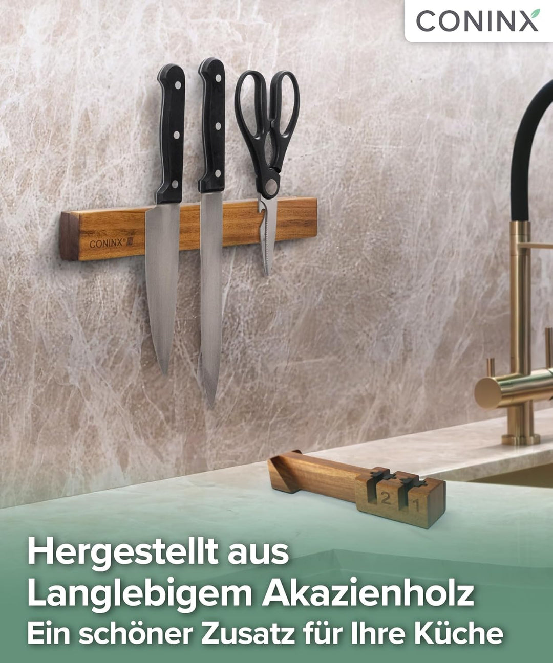 Coninx Wand-Magnetleiste 48 cm aus Akazienholz – Messerleiste mit Doppelreihe & abnehmbarem Doppelsc