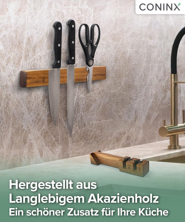 Coninx Wand-Magnetleiste 48 cm aus Akazienholz – Messerleiste mit Doppelreihe & abnehmbarem Doppelsc