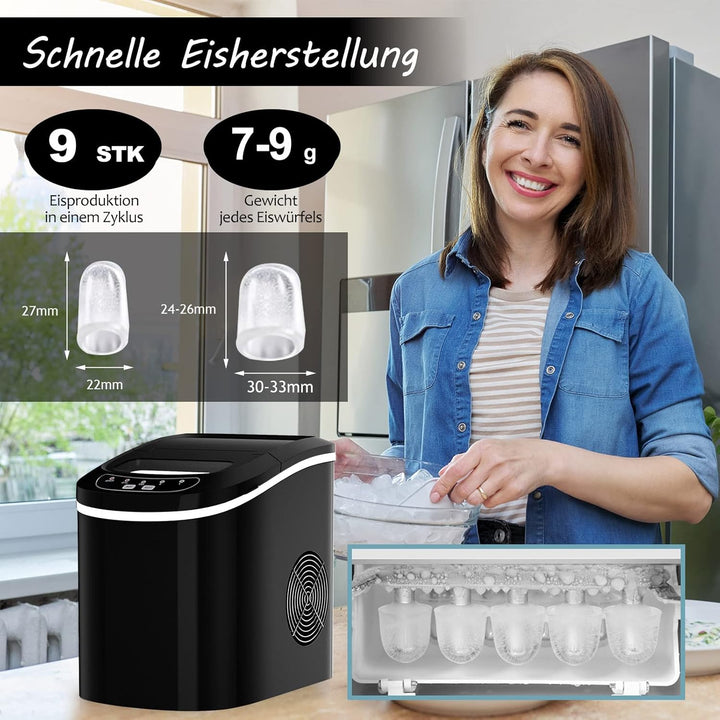 RELAX4LIFE Eiswürfelmaschine, Eismaschine mit Eiswürfelschaufel & Eiskorb, 12 kg in 24 Std, 9 Eiswür