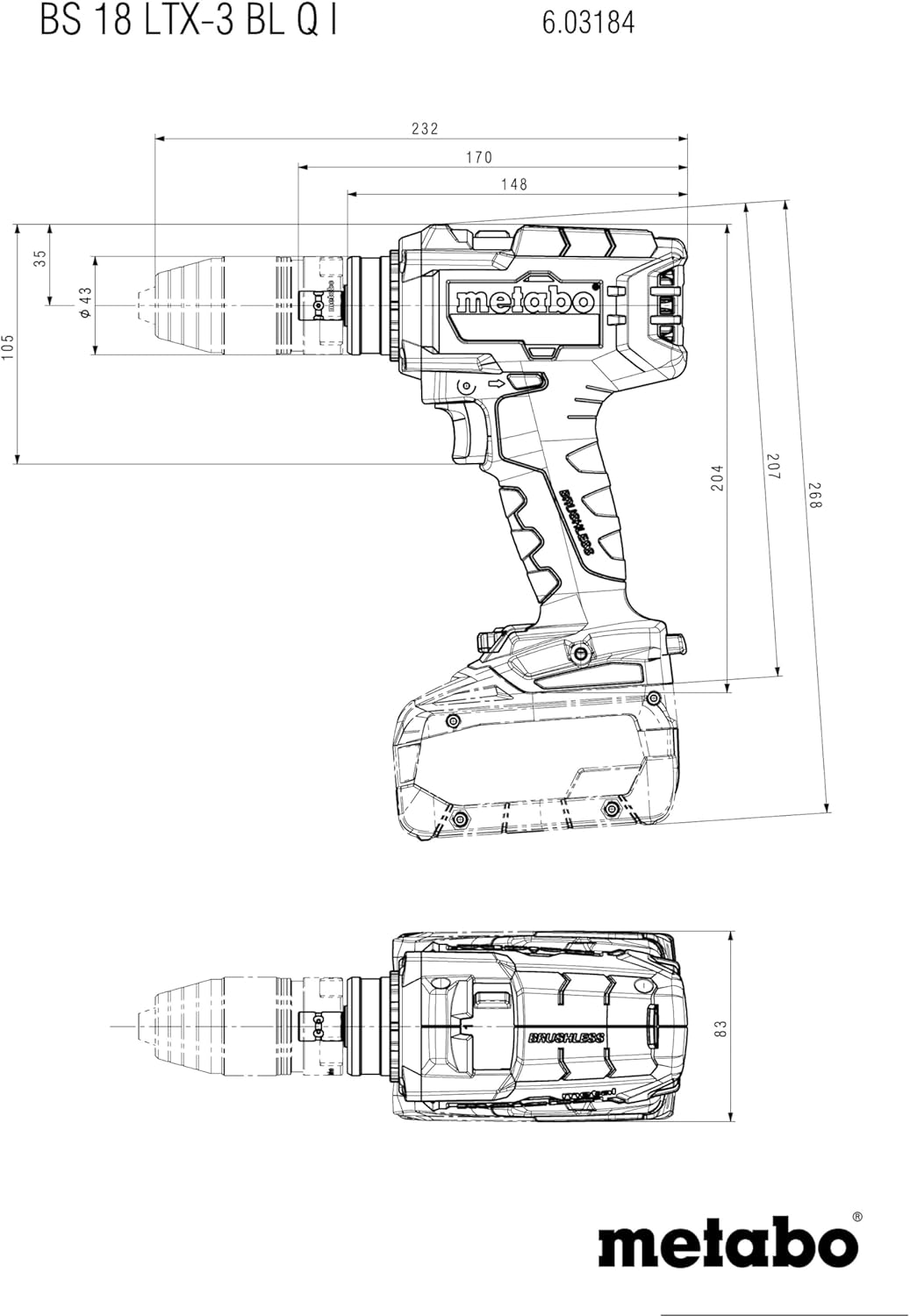 metabo Akku-Bohrschrauber BS 18 LTX-3 BL Q I - 18 V, 3-Gang, 130 Nm Drehmoment, 4000 /min Leerlaufdr