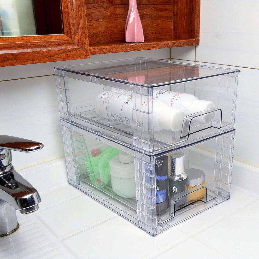2er Set Stapelbare Aufbewahrungsschubladen, Hochfeste Klare Acryl Organizer mit Griffen Leicht Monti