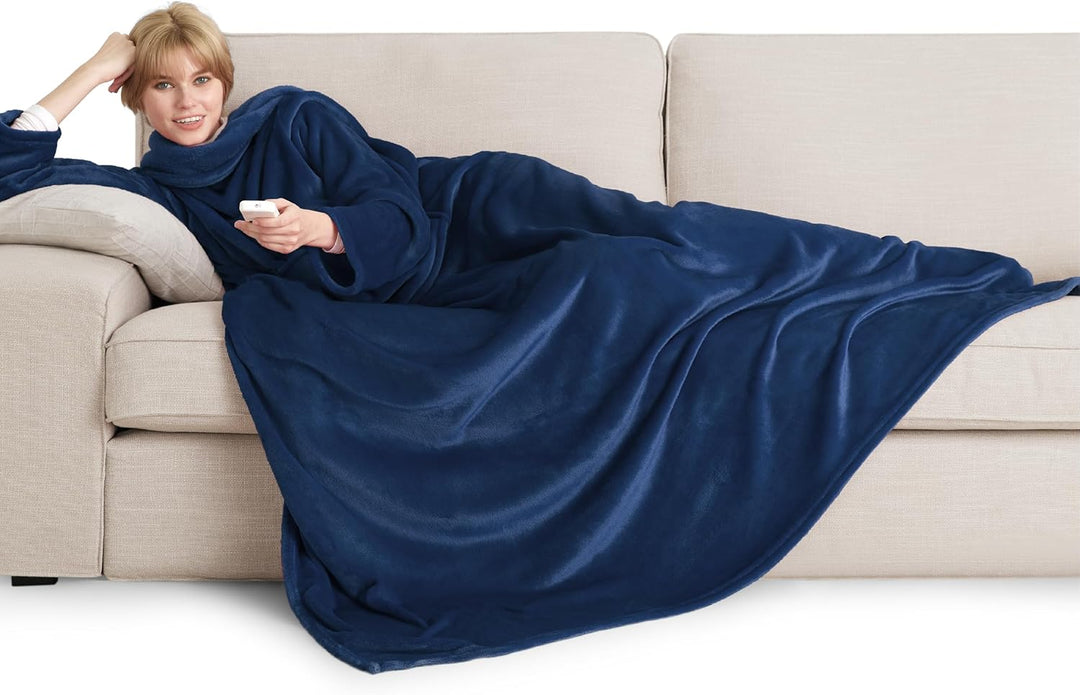 BEDSURE Decke mit Ärmeln als Geschenke für Frauen - Kuscheldecke mit Ärmeln Blau Erwachsene Ärmeldec