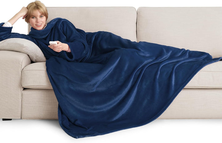 BEDSURE Decke mit Ärmeln als Geschenke für Frauen - Kuscheldecke mit Ärmeln Blau Erwachsene Ärmeldec