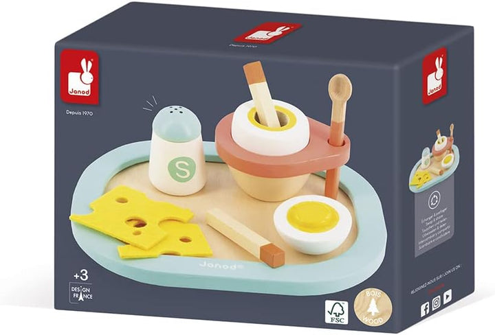 Janod J06625 My First Egg Cup-Imitation Kitchen and Dinette Toy-9 Elements Included-FSC Certified-Wa
