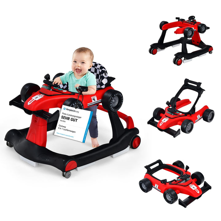 COSTWAY 4 in 1 Lauflernwagen mit einstellbarer Höhe & Geschwindigkeit, Lauflernhilfe Autoförmig mit