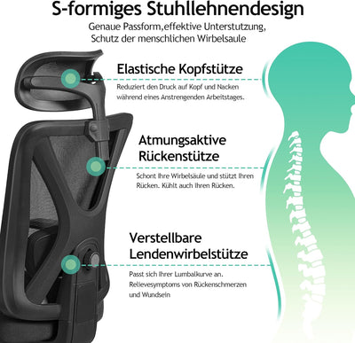 KERDOM Bürostuhl, Ergonomischer Schreibtischstuhl mit Verstellbarer Kopfstütze und Lendenwirbelstütz