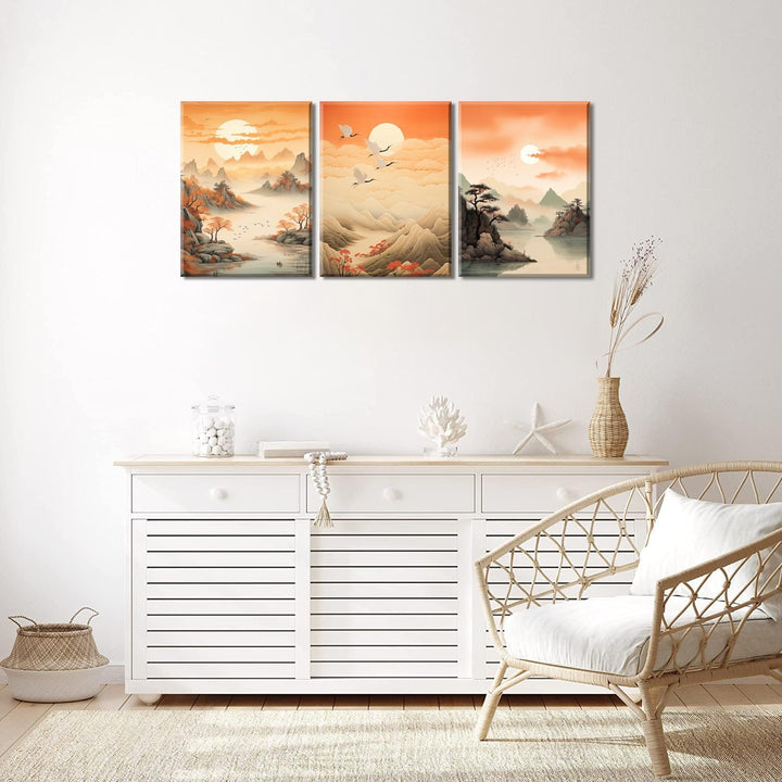 Piy Painting Wandbilder Landschaftsbilder, Sonne, Gebirge, Fliegende Kranich Bild auf Leinwand Wand